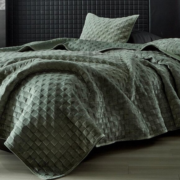Velvet Quilt Set Green Textured Basketweave Coverlet Luxury Sage Olive Quiet Lux - Picture 4 of 4